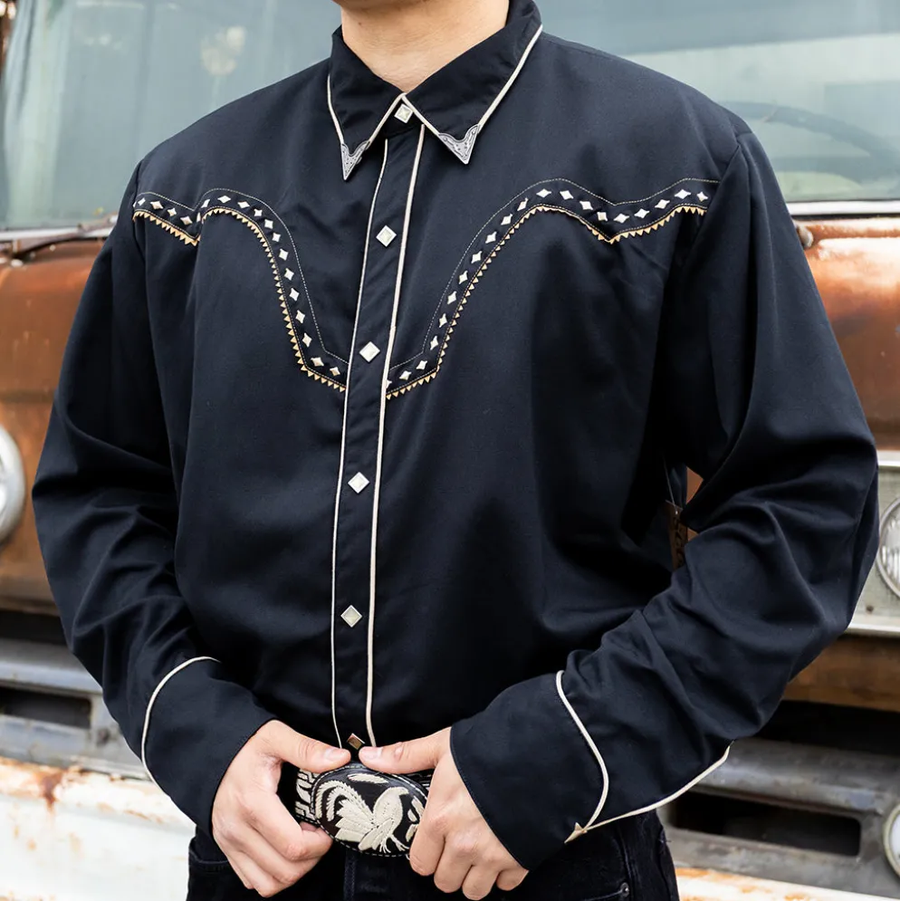 Diamond Yoke Embroidered Long Sleeve Shirt Black